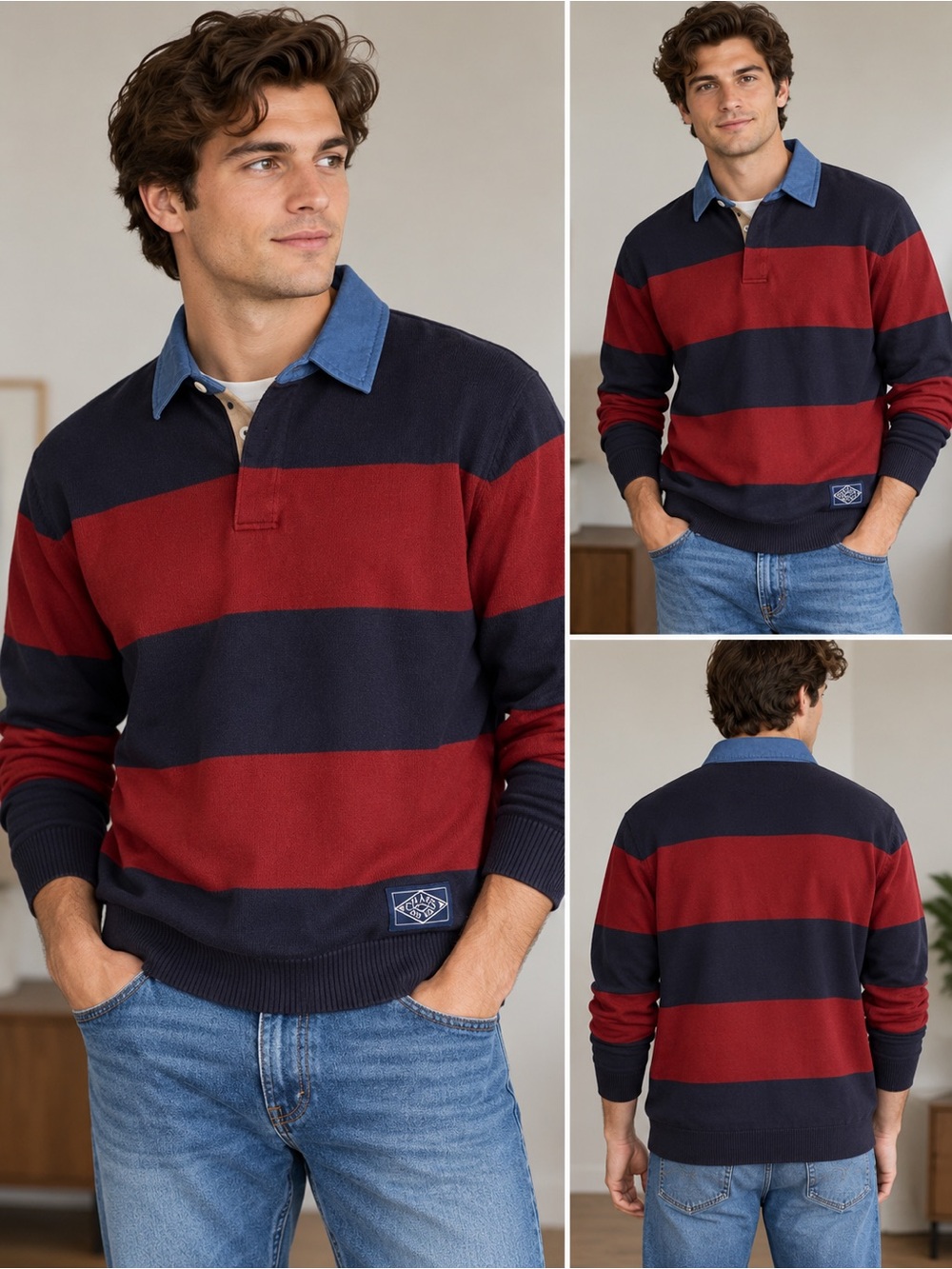 Chaps Men’s Large Striped Rugby Sweater Navy Red NWT